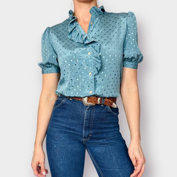 Vintage Tops - 80s Blue Short Sleeve Ruffle Blouse Size M